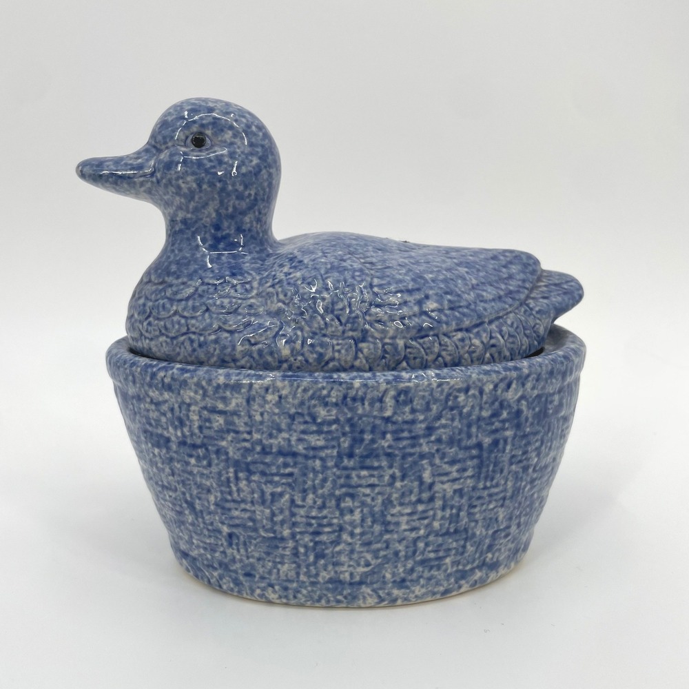 Unbranded‎ Duck Trinket Box Blue Sponge Ware Ceramic Country Cottage Decor Small
